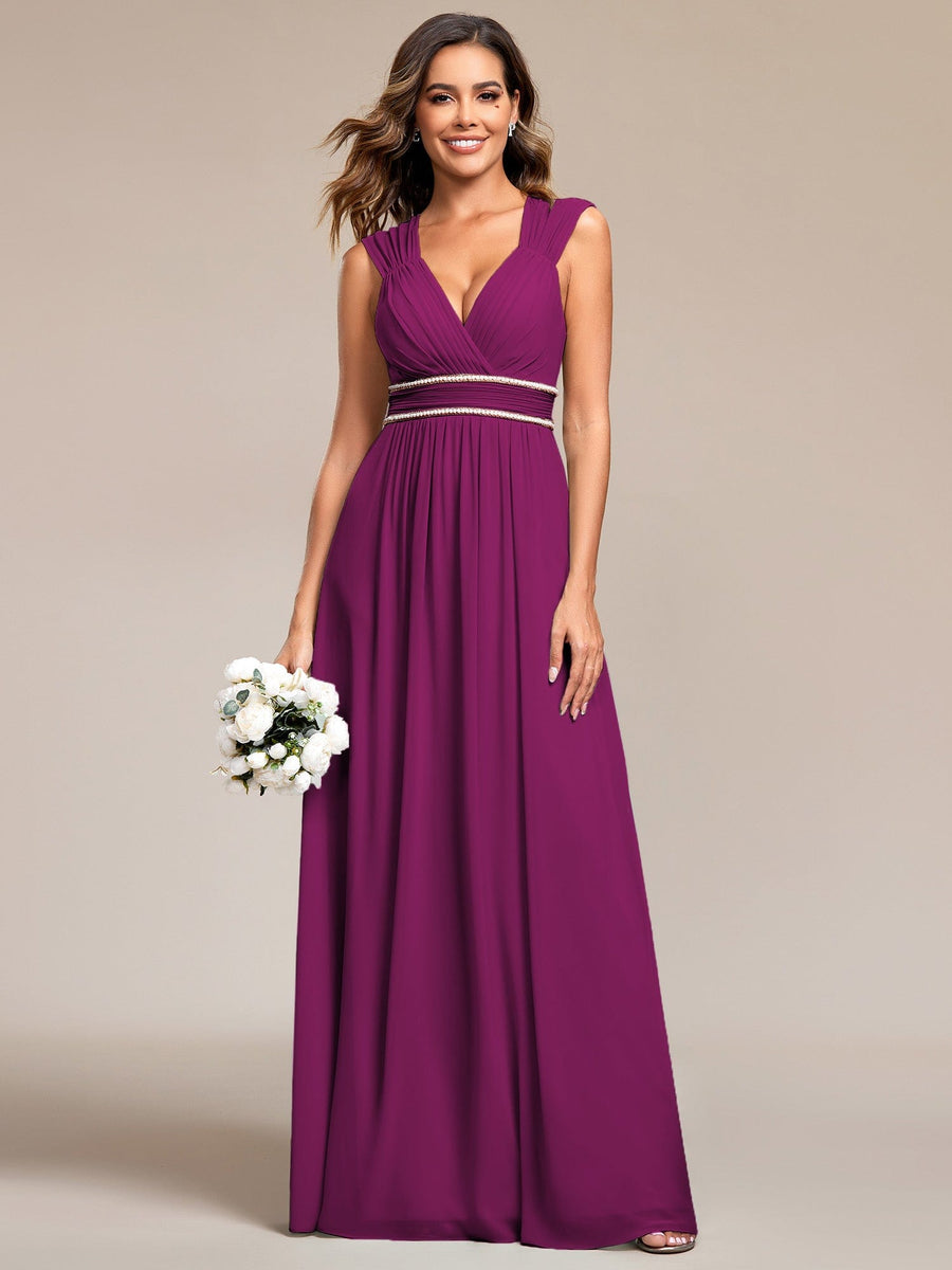 Custom Size Ruched V-neck Floor Length Elegant Bridesmaid Dress #color_Fuchsia