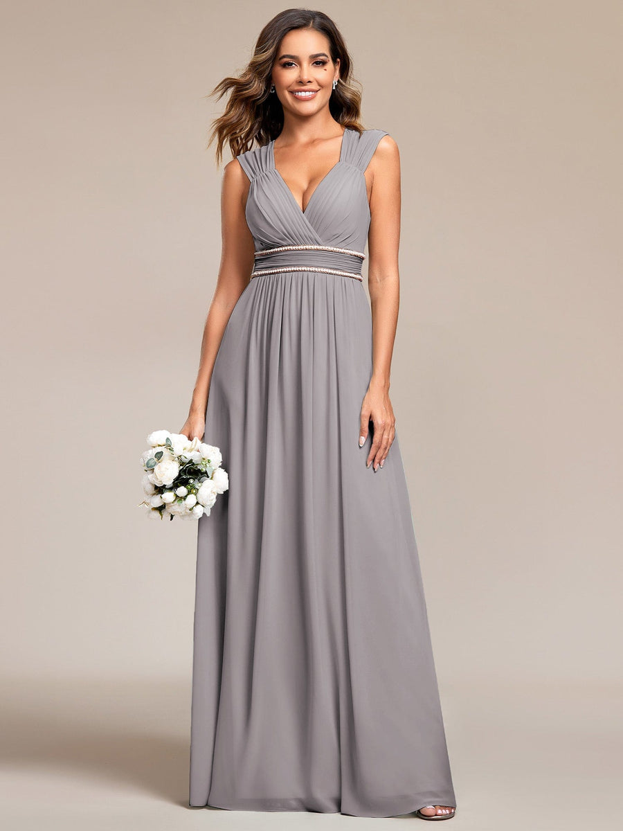 Custom Size Ruched V-neck Floor Length Elegant Bridesmaid Dress #color_Grey