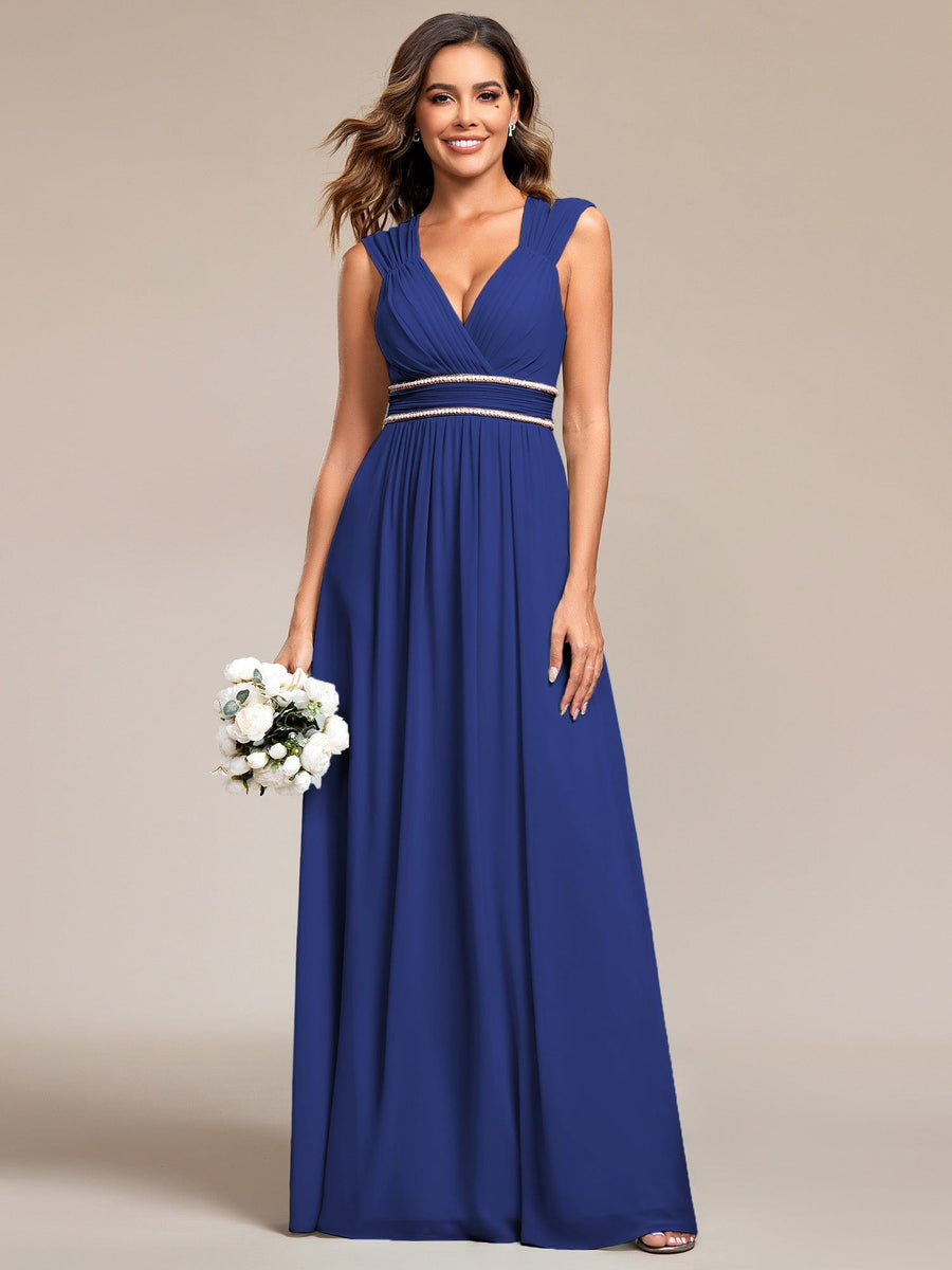 Custom Size Ruched V-neck Floor Length Elegant Bridesmaid Dress #color_Sapphire Blue