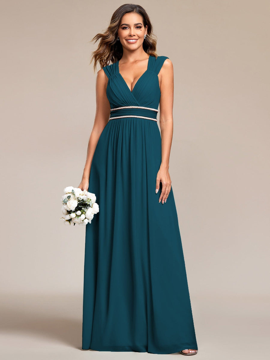 Custom Size Ruched V-neck Floor Length Elegant Bridesmaid Dress #color_Teal