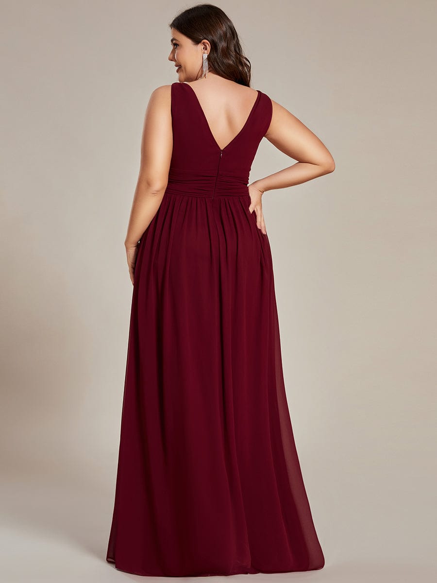 V Neck Sleeveless Pleated Chiffon Evening Dress #color_Burgundy