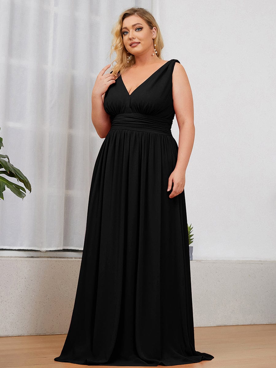 V Neck Sleeveless Pleated Chiffon Evening Dress #color_Black