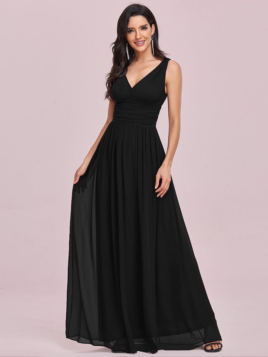 V Neck Sleeveless Pleated Chiffon Evening Dress #color_Black