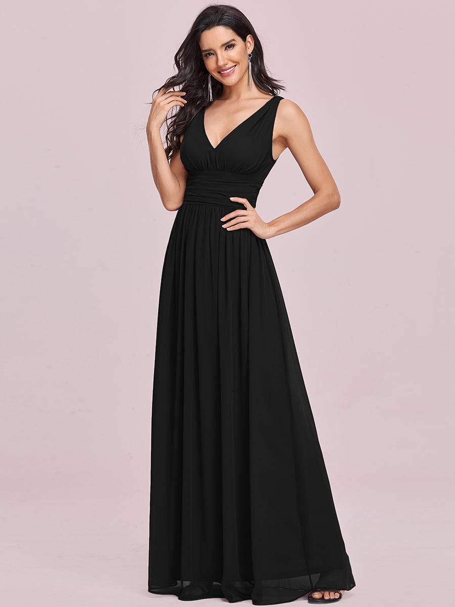 V Neck Sleeveless Pleated Chiffon Evening Dress #color_Black