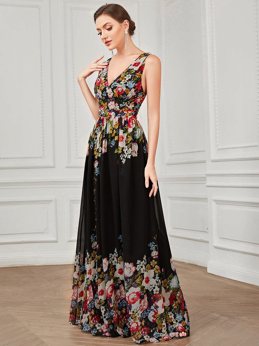V Neck Sleeveless Pleated Chiffon Evening Dress #color_Black and Printed