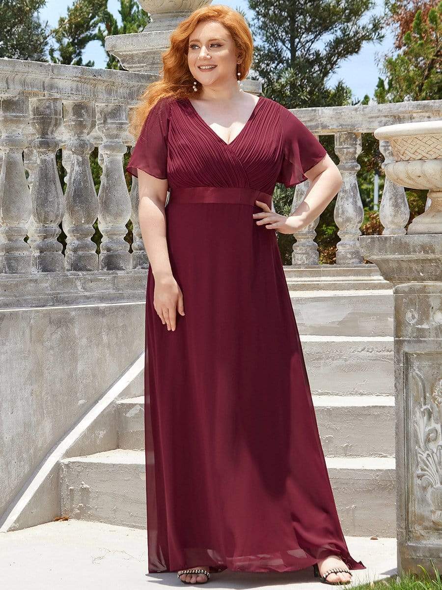 Plus Size Long Empire Waist Bridesmaid Dress with Short Flutter Sleeves #color_Burgundy