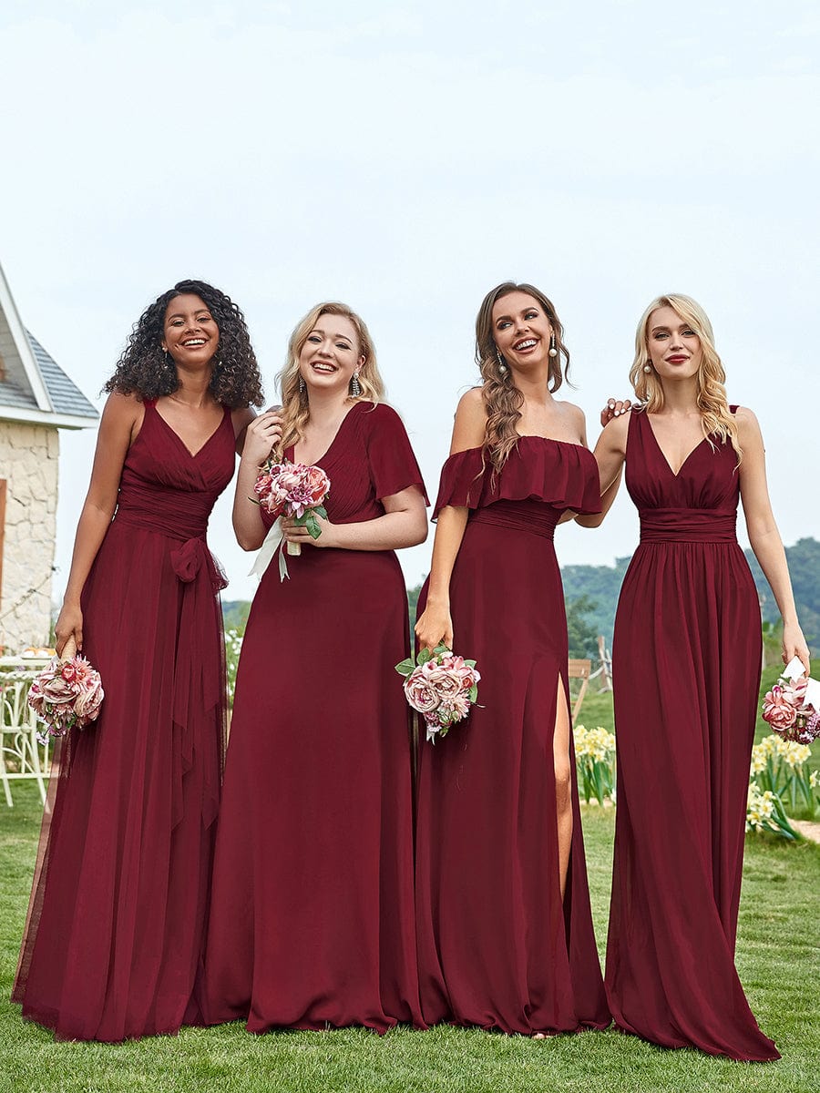 Plus Size Long Empire Waist Bridesmaid Dress with Short Flutter Sleeves #color_Burgundy