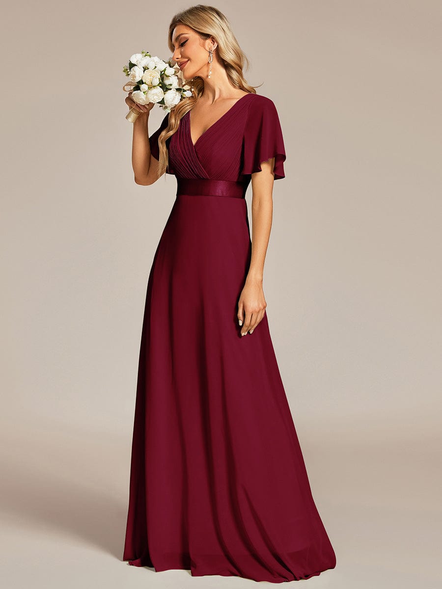 Long Empire Waist Bridesmaid Dress with Short Flutter Sleeves #color_Burgundy