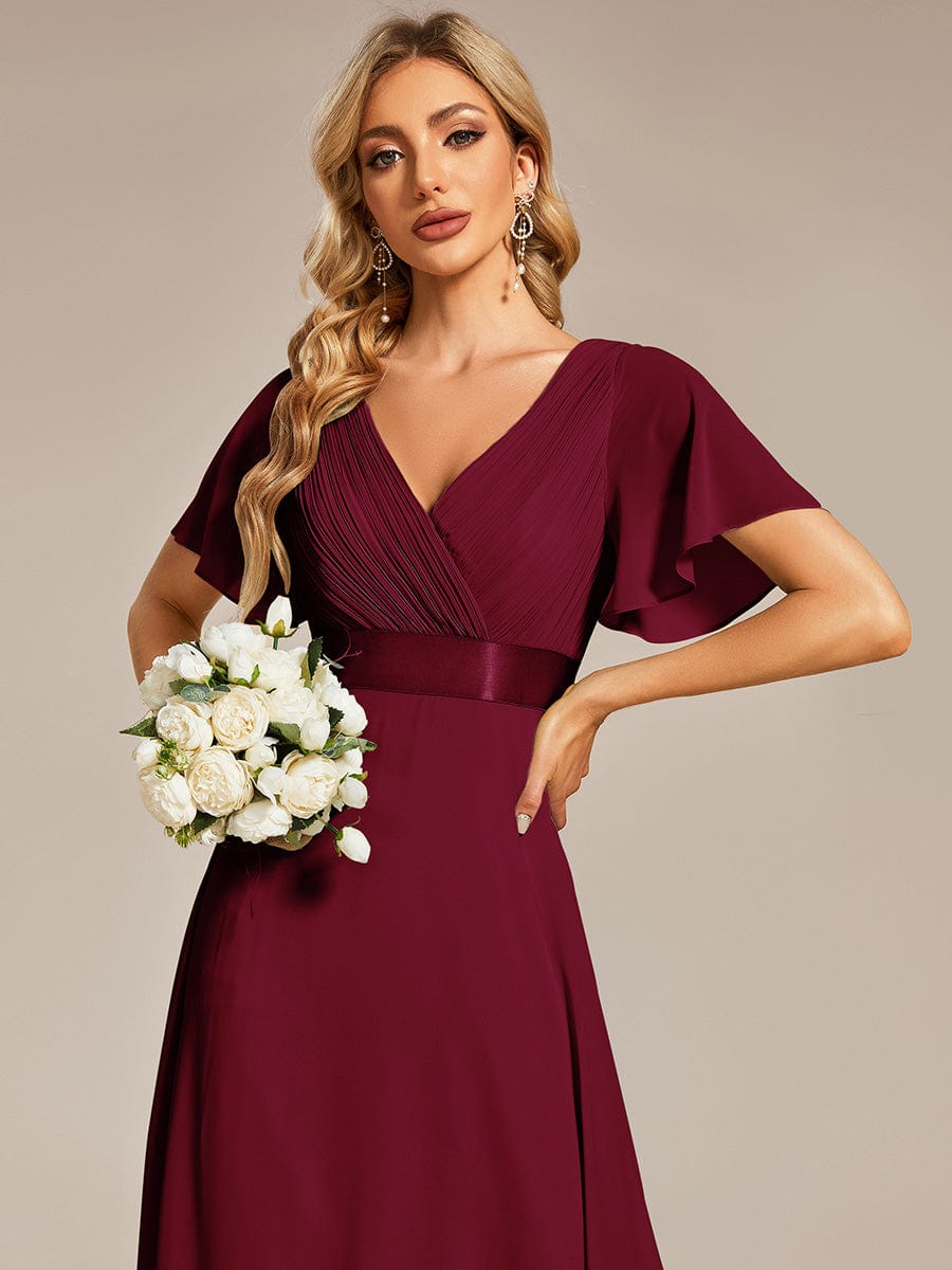 Long Empire Waist Bridesmaid Dress with Short Flutter Sleeves #color_Burgundy