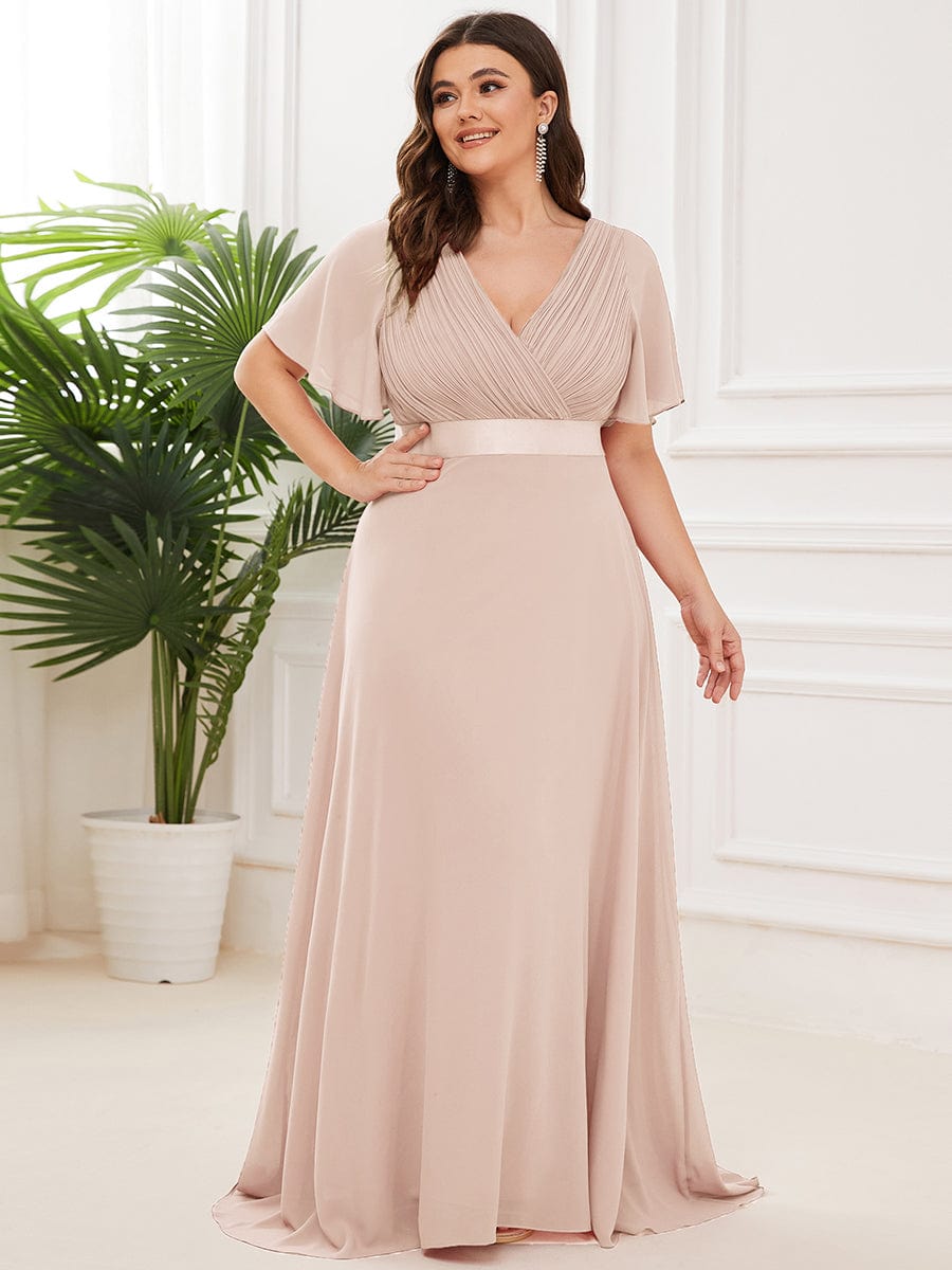 Plus Size Long Empire Waist Bridesmaid Dress with Short Flutter Sleeves #color_Blush