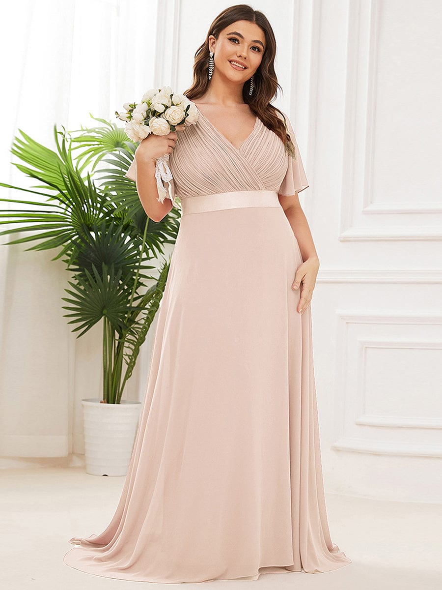 Plus Size Long Empire Waist Bridesmaid Dress with Short Flutter Sleeves #color_Blush