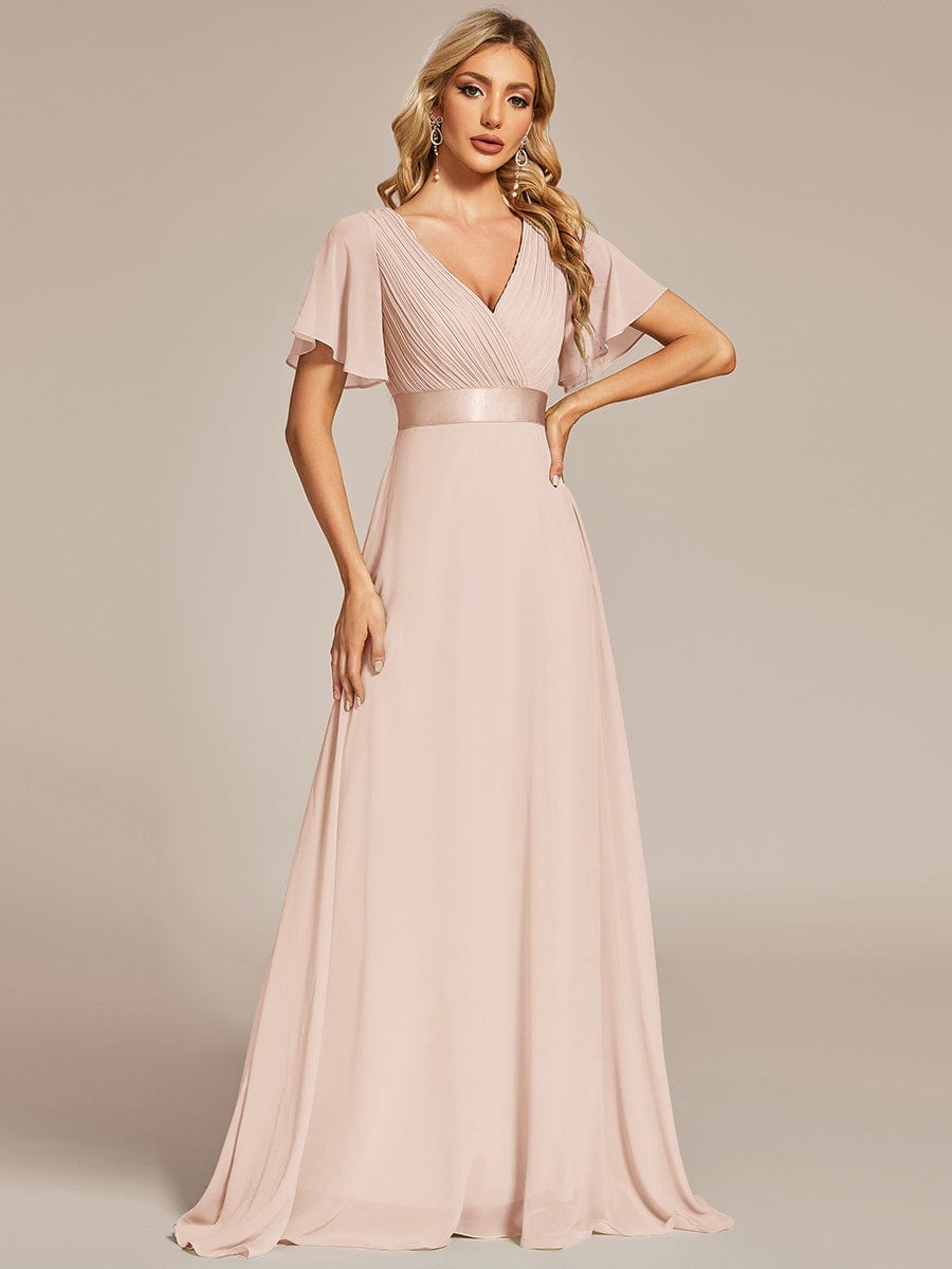 Long Empire Waist Bridesmaid Dress with Short Flutter Sleeves #color_Blush