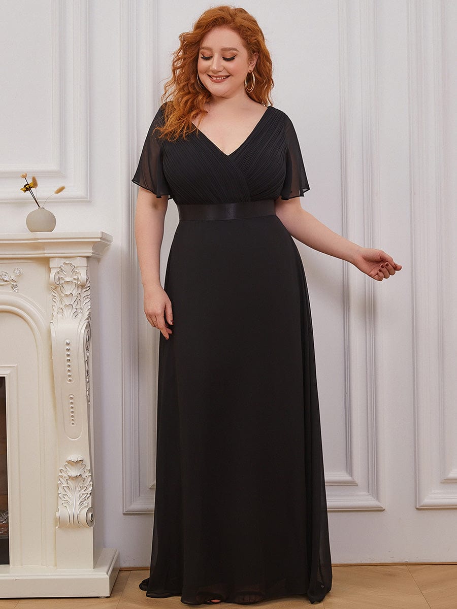 Long Empire Waist Bridesmaid Dress with Short Flutter Sleeves #color_Black