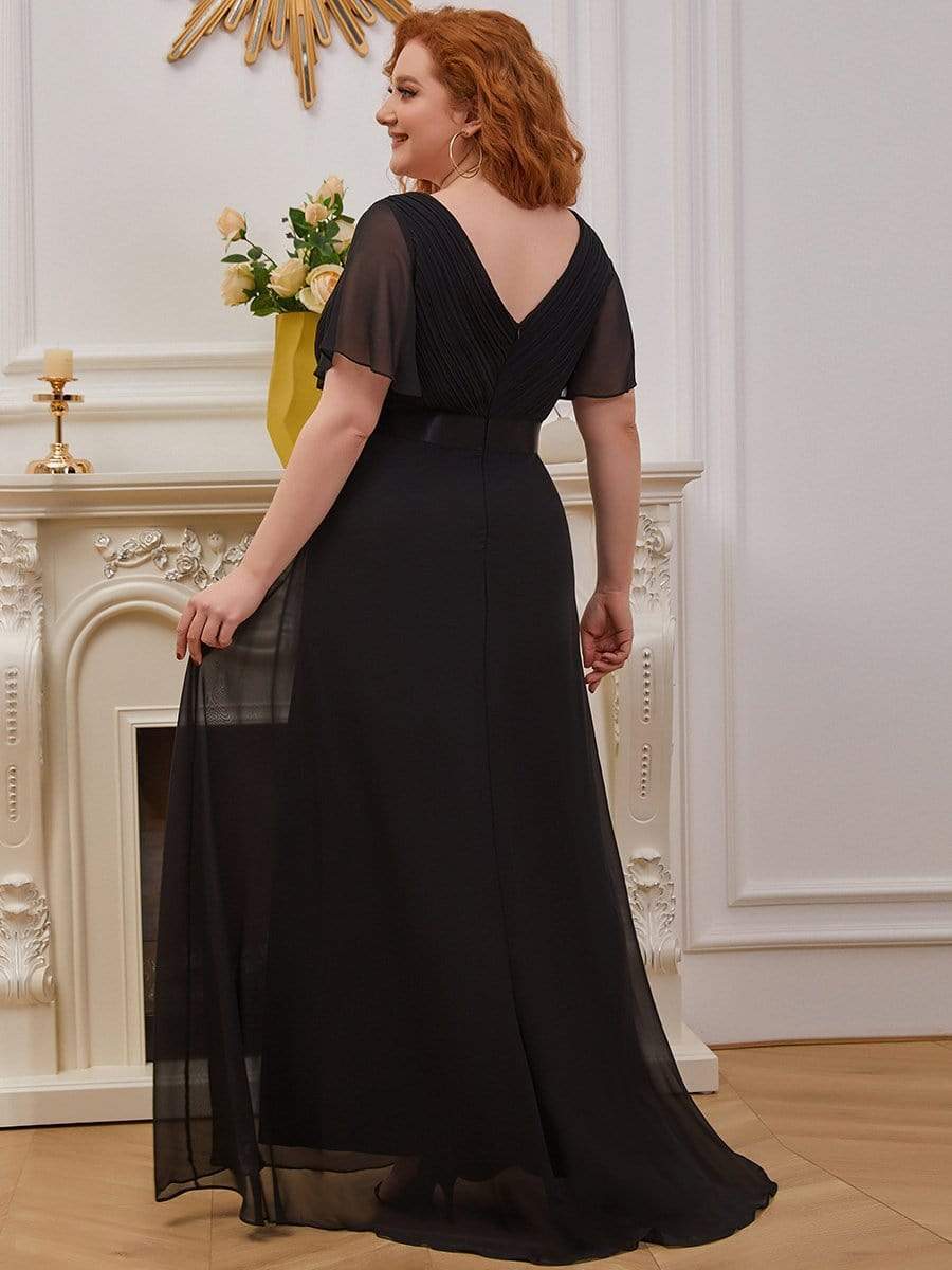 Plus Size Long Empire Waist Bridesmaid Dress with Short Flutter Sleeves #color_Black