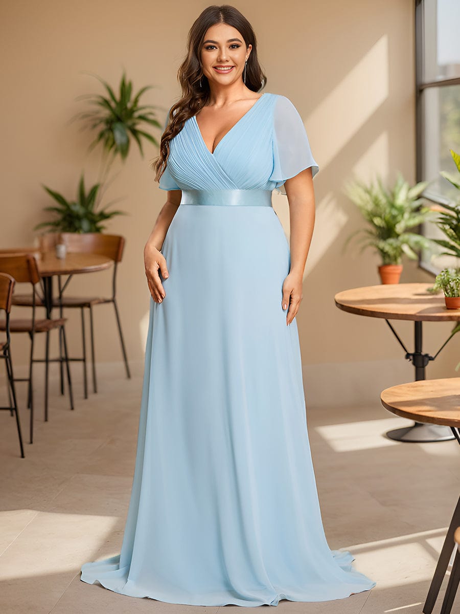 Plus Size Long Empire Waist Bridesmaid Dress with Short Flutter Sleeves #color_Sky Blue
