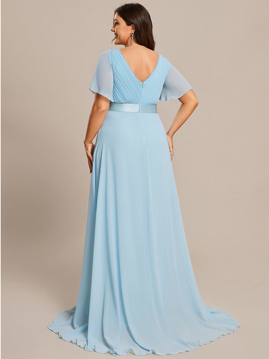 Plus Size Long Empire Waist Bridesmaid Dress with Short Flutter Sleeves #color_Sky Blue