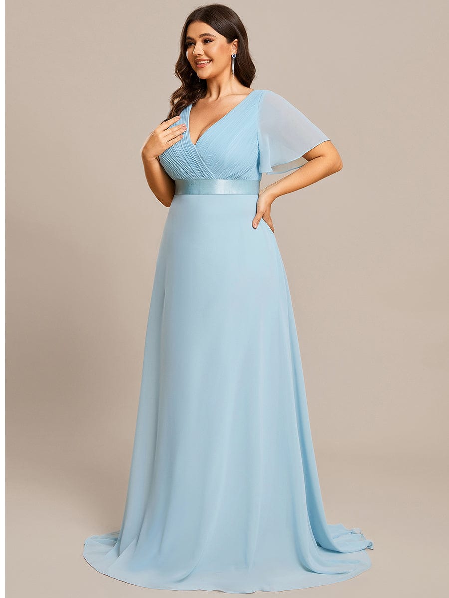 Plus Size Long Empire Waist Bridesmaid Dress with Short Flutter Sleeves #color_Sky Blue