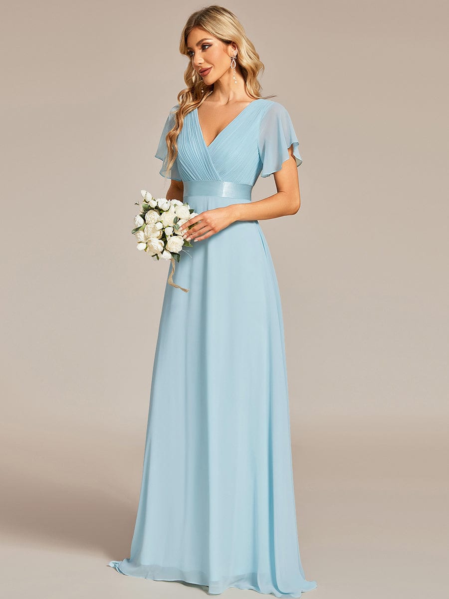 Long Empire Waist Bridesmaid Dress with Short Flutter Sleeves #color_Sky Blue