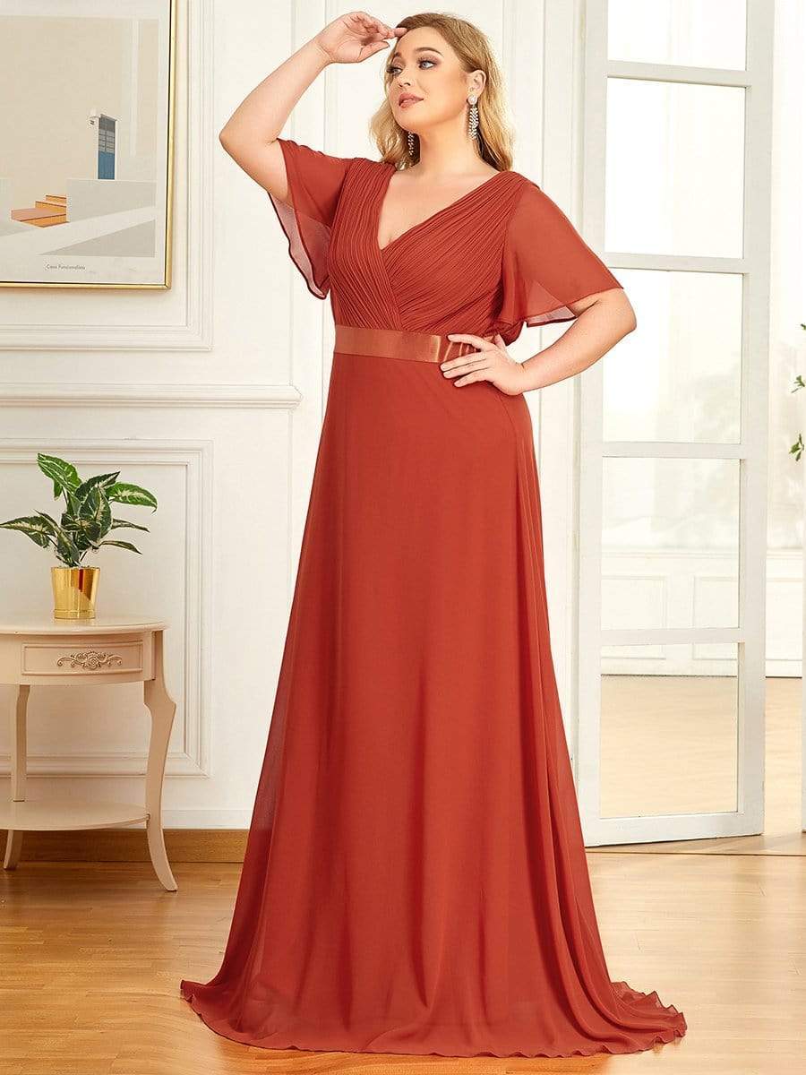 Plus Size Long Empire Waist Bridesmaid Dress with Short Flutter Sleeves #color_Burnt Orange