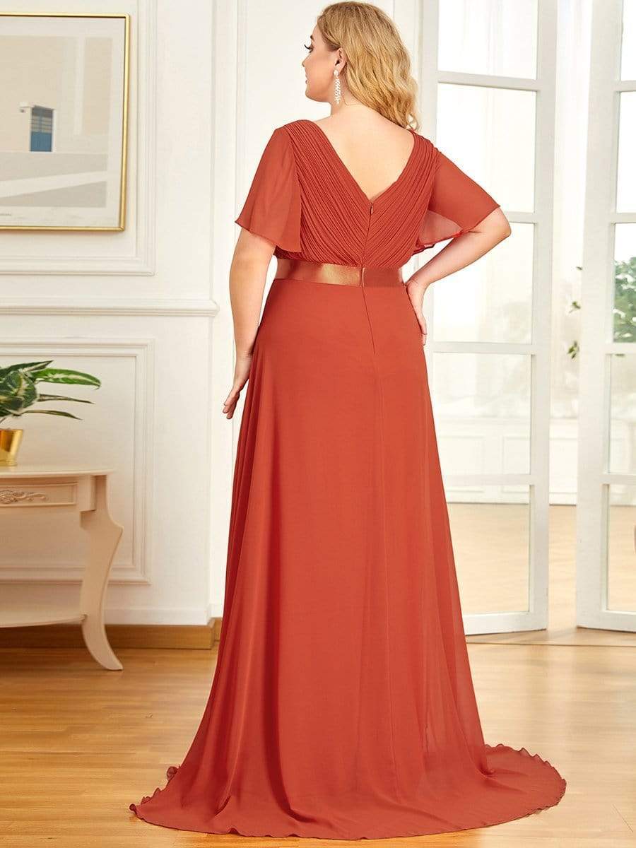 Plus Size Long Empire Waist Bridesmaid Dress with Short Flutter Sleeves #color_Burnt Orange