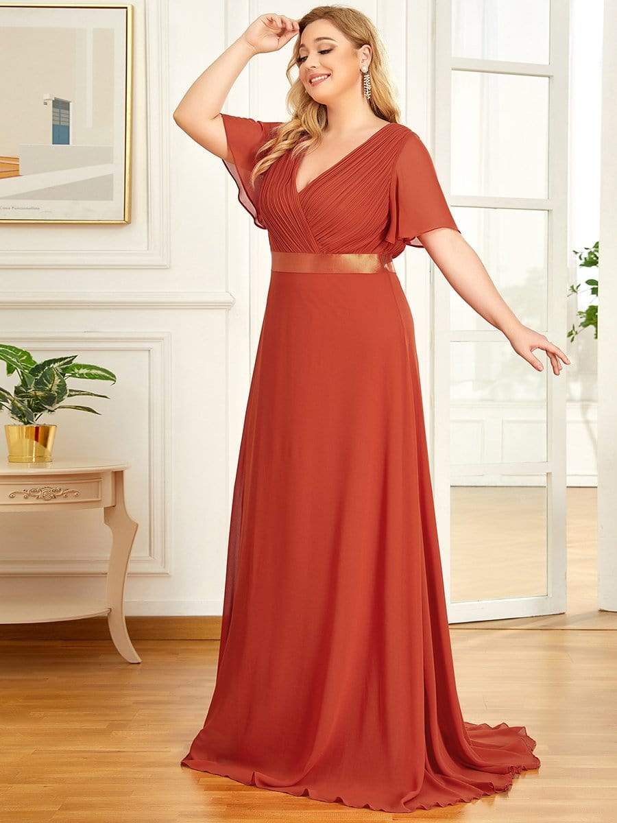 Plus Size Long Empire Waist Bridesmaid Dress with Short Flutter Sleeves #color_Burnt Orange