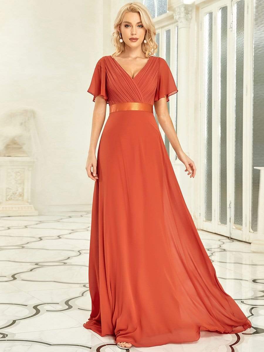 Long Empire Waist Bridesmaid Dress with Short Flutter Sleeves #color_Burnt Orange