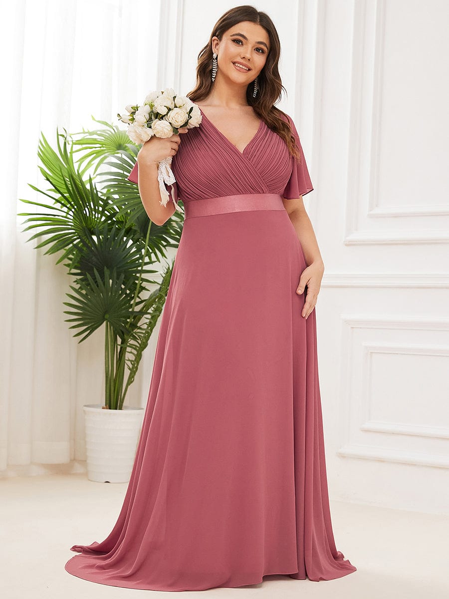 Plus Size Long Empire Waist Bridesmaid Dress with Short Flutter Sleeves #color_Cameo Brown