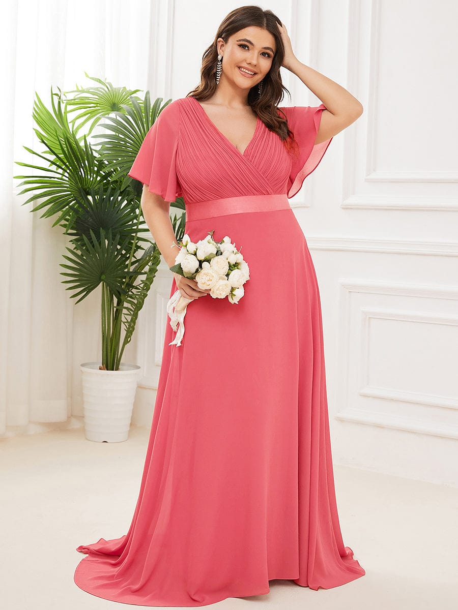 Plus Size Long Empire Waist Bridesmaid Dress with Short Flutter Sleeves #color_Coral