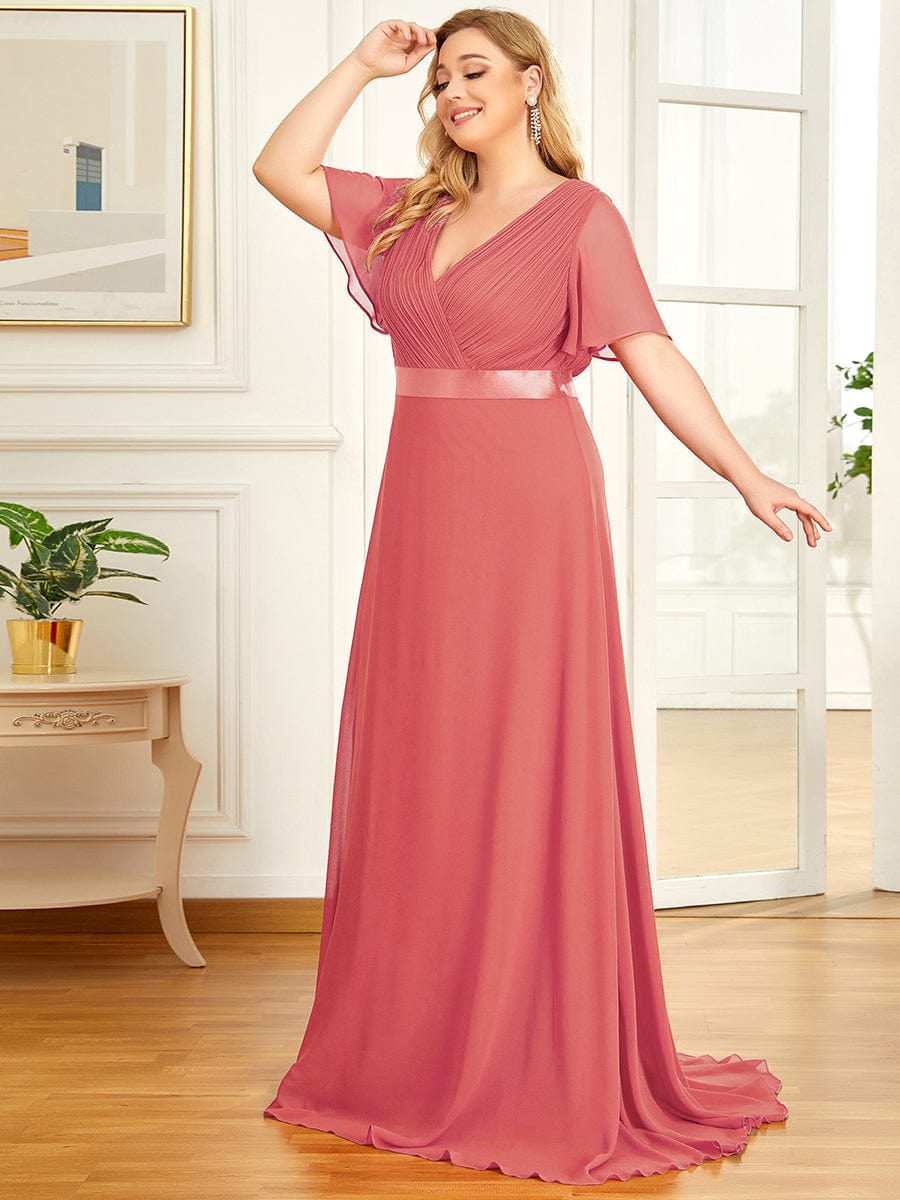 Plus Size Long Empire Waist Bridesmaid Dress with Short Flutter Sleeves #color_Coral
