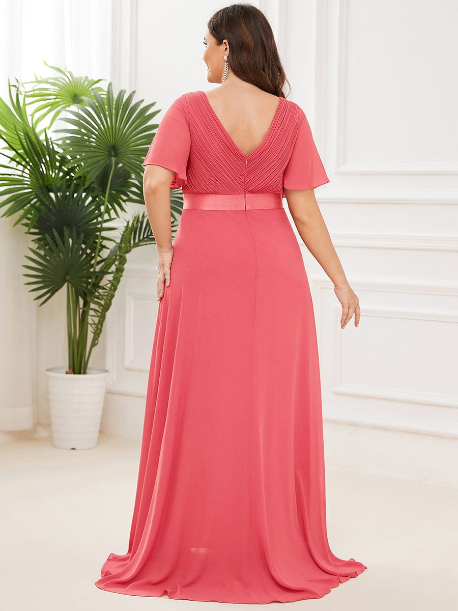 Plus Size Long Empire Waist Bridesmaid Dress with Short Flutter Sleeves #color_Coral