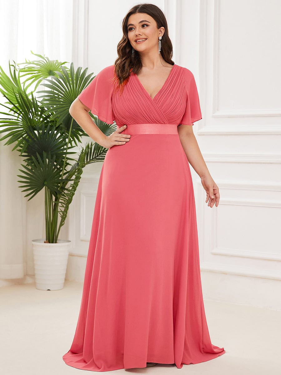 Plus Size Long Empire Waist Bridesmaid Dress with Short Flutter Sleeves #color_Coral