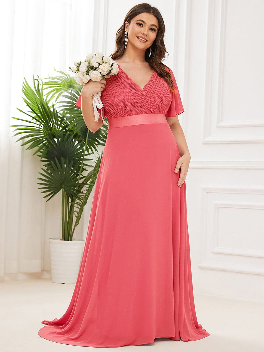 Plus Size Long Empire Waist Bridesmaid Dress with Short Flutter Sleeves #color_Coral