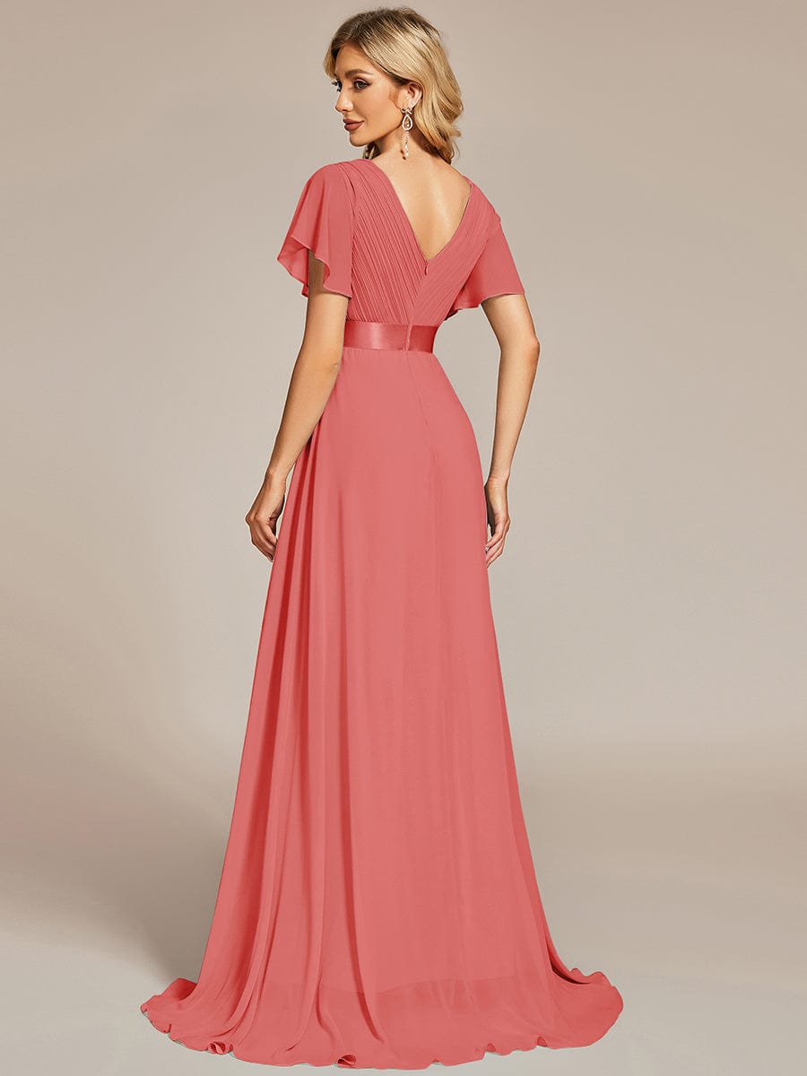 High Waist Short Sleeves Bridesmaid Dress #color_Coral