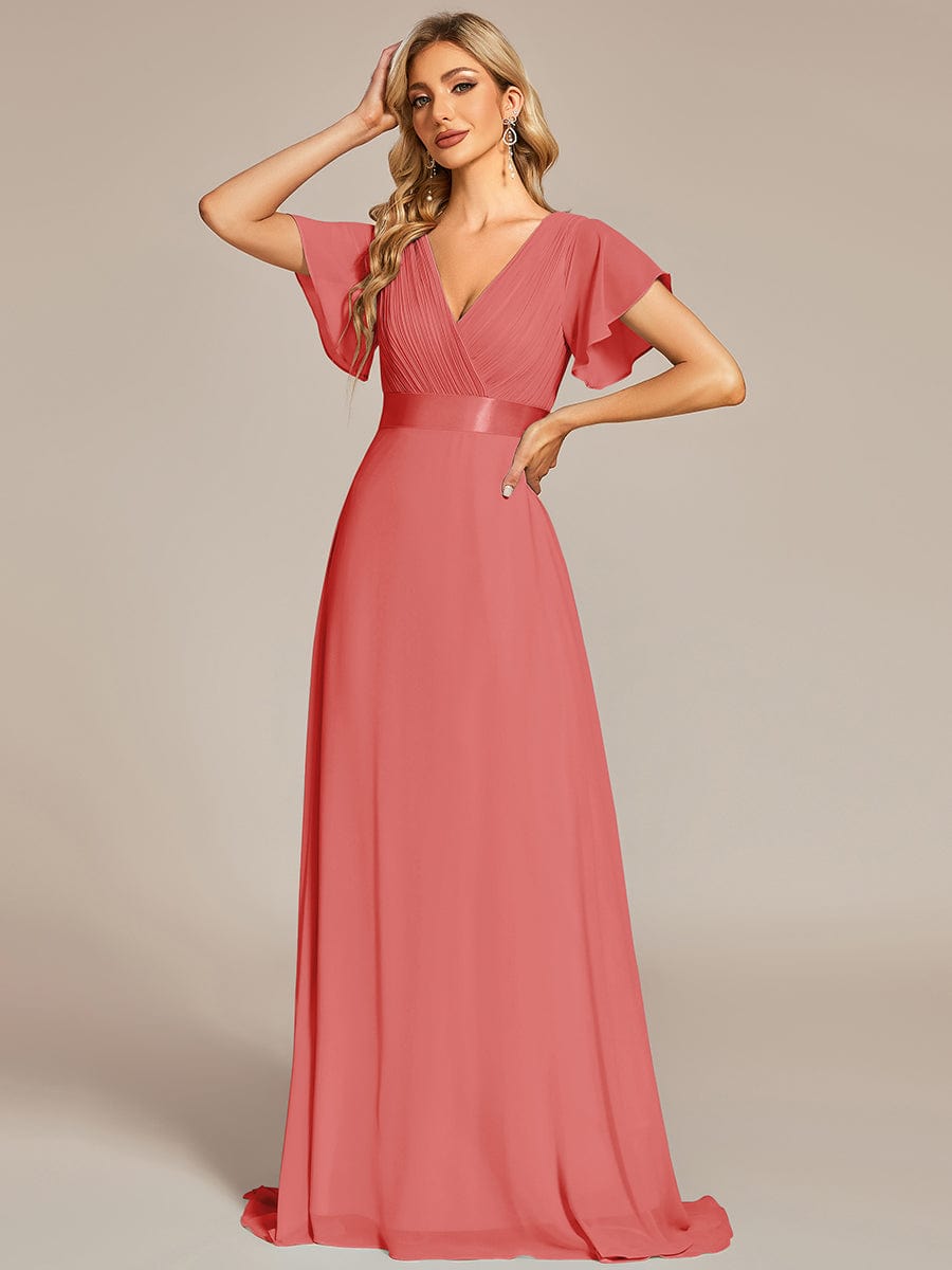 High Waist Short Sleeves Bridesmaid Dress #color_Coral