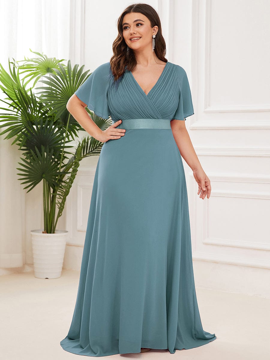 High Waist Short Sleeves Bridesmaid Dress #color_Dusty Blue