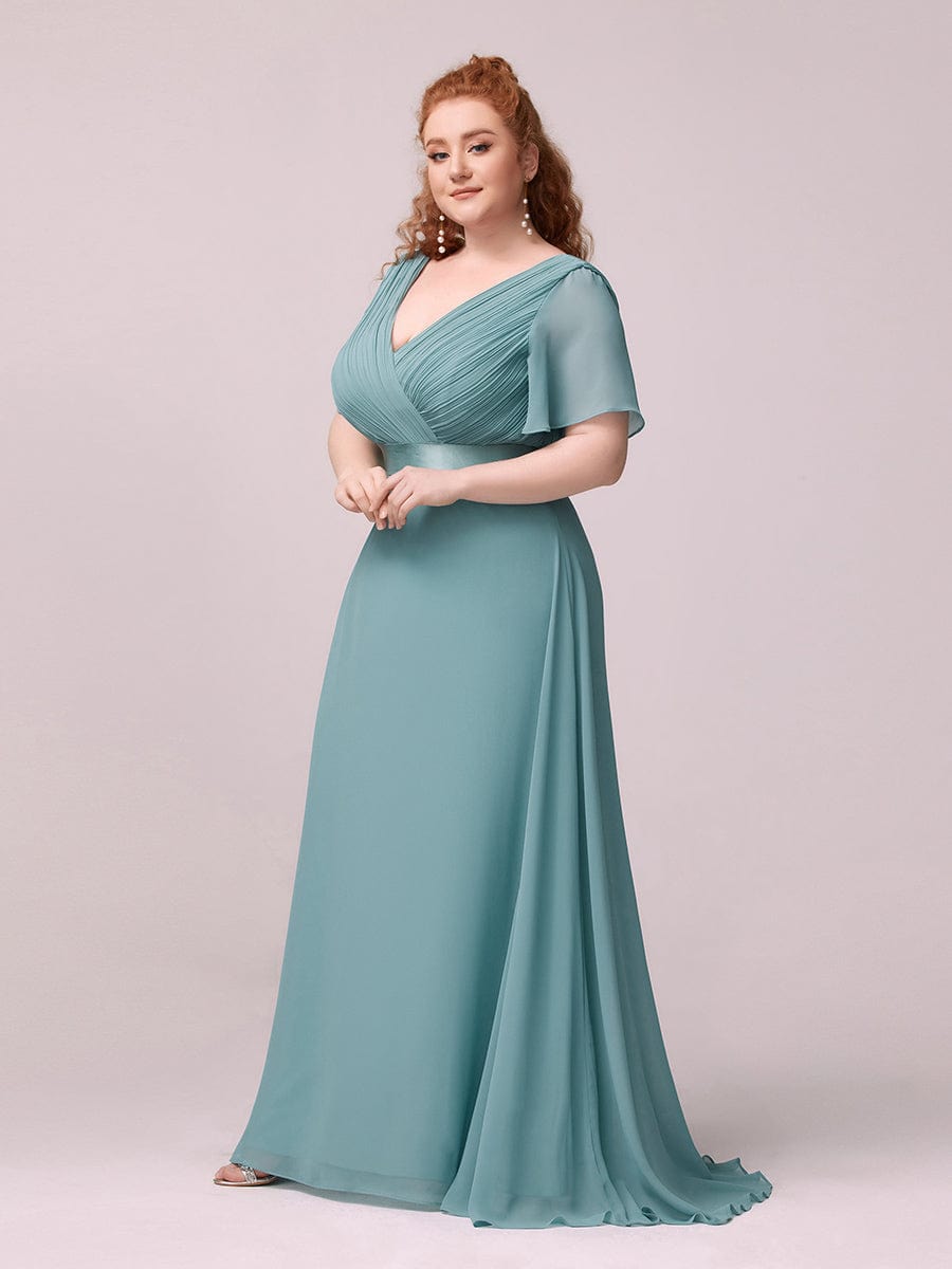 Plus Size Long Empire Waist Bridesmaid Dress with Short Flutter Sleeves #color_Dusty Blue