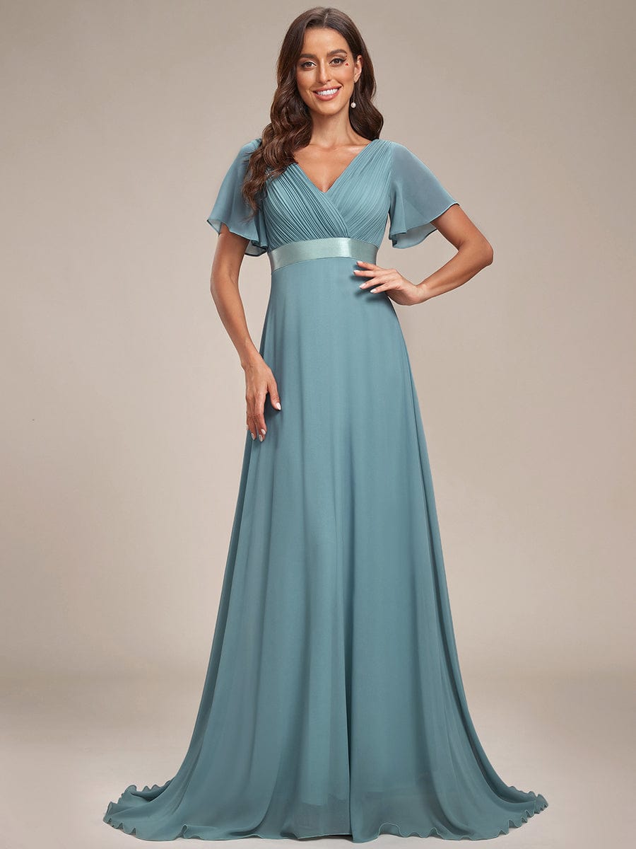 High Waist Short Sleeves Bridesmaid Dress #color_Dusty Blue