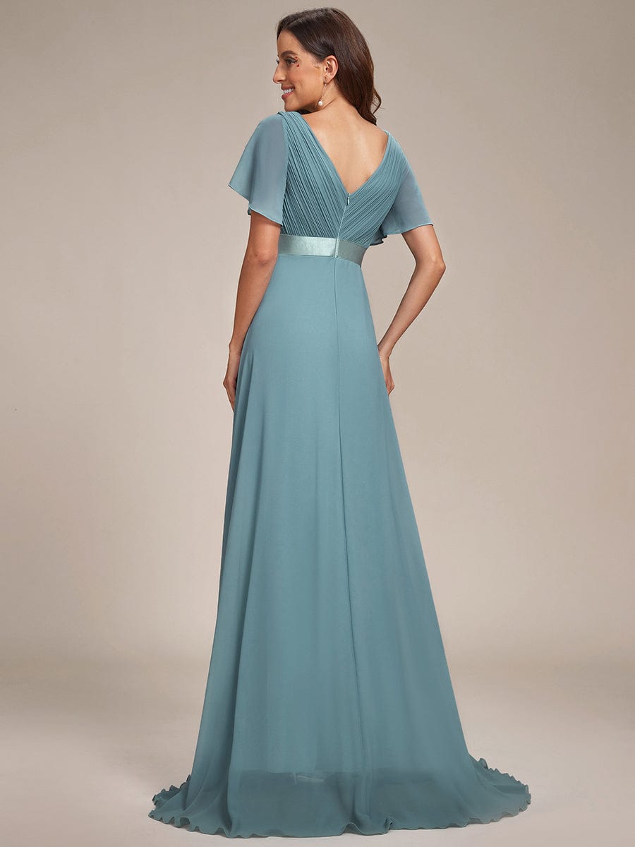 High Waist Short Sleeves Bridesmaid Dress #color_Dusty Blue