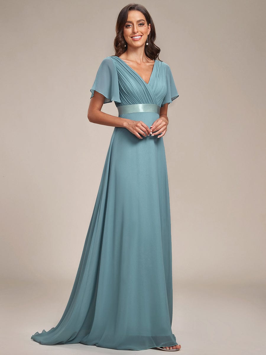 High Waist Short Sleeves Bridesmaid Dress #color_Dusty Blue