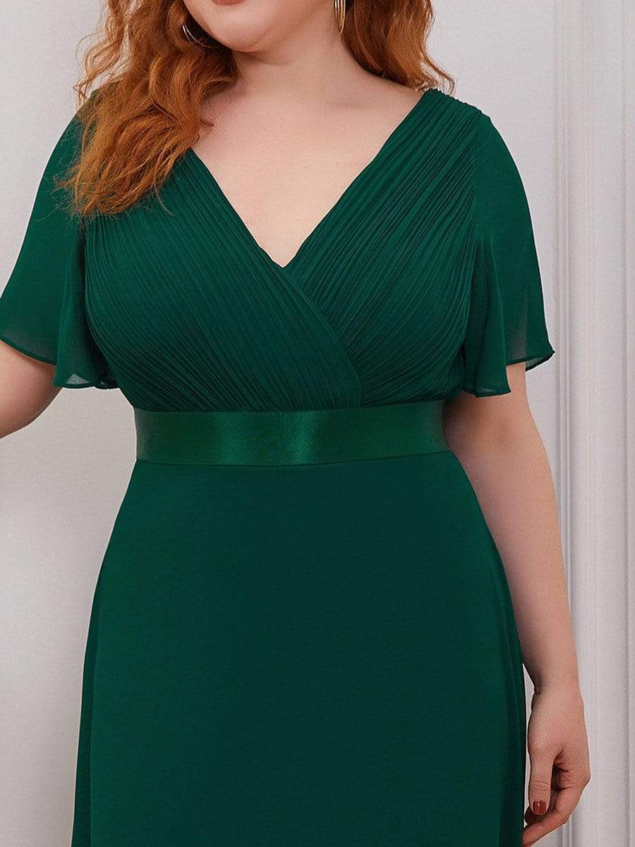 Plus Size Long Empire Waist Bridesmaid Dress with Short Flutter Sleeves #color_Dark Green
