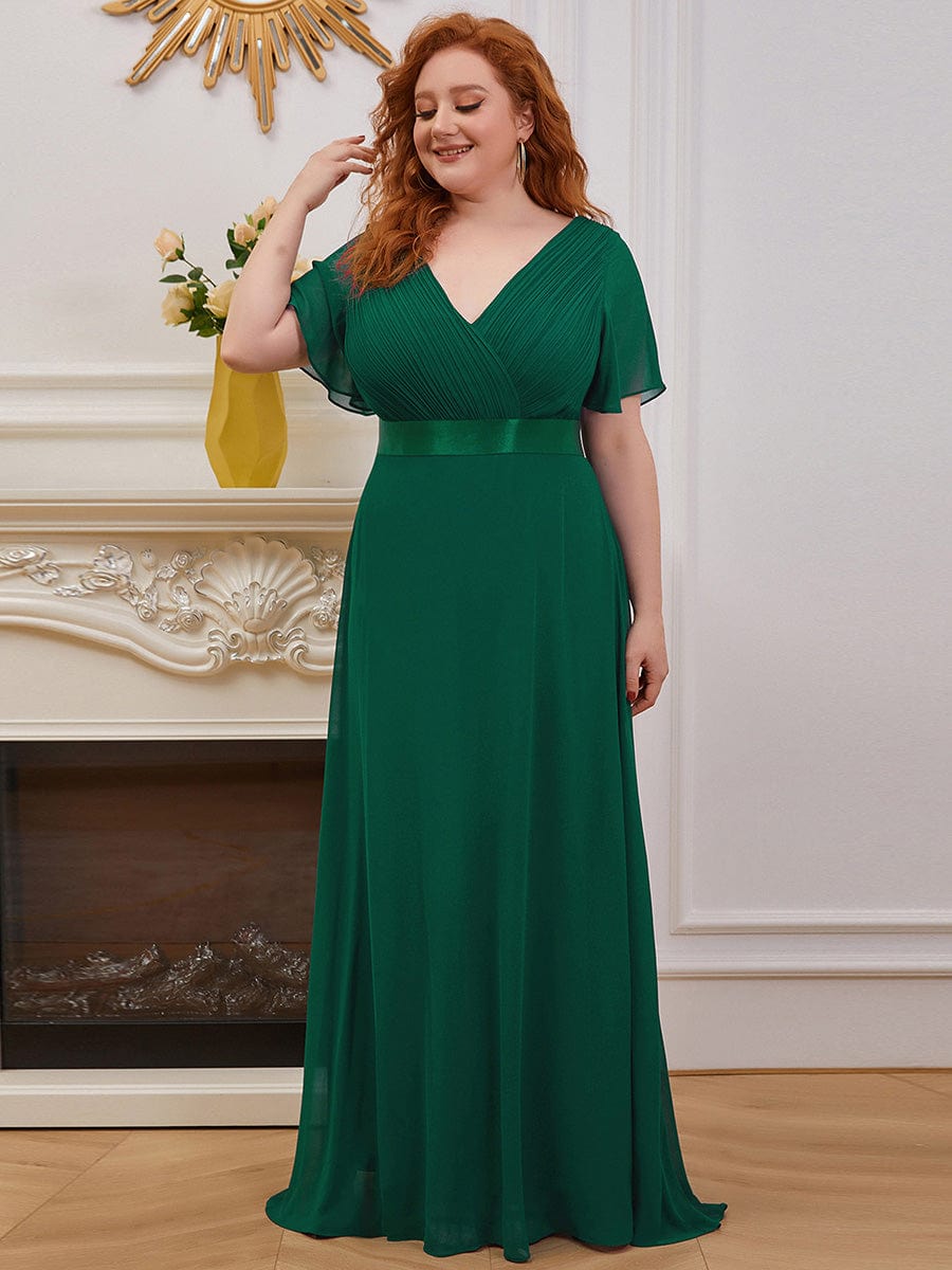 Plus Size Long Empire Waist Bridesmaid Dress with Short Flutter Sleeves #color_Dark Green