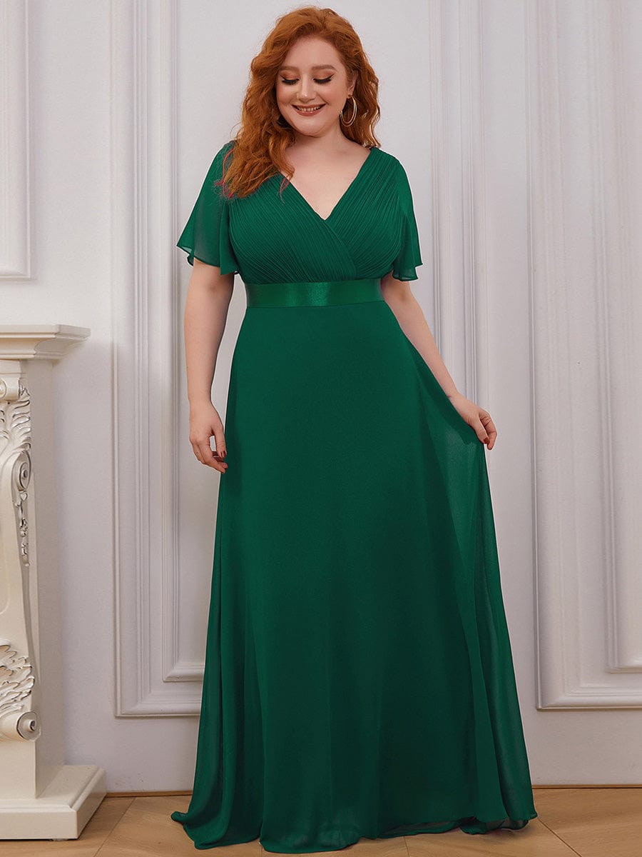 Plus Size Long Empire Waist Bridesmaid Dress with Short Flutter Sleeves #color_Dark Green