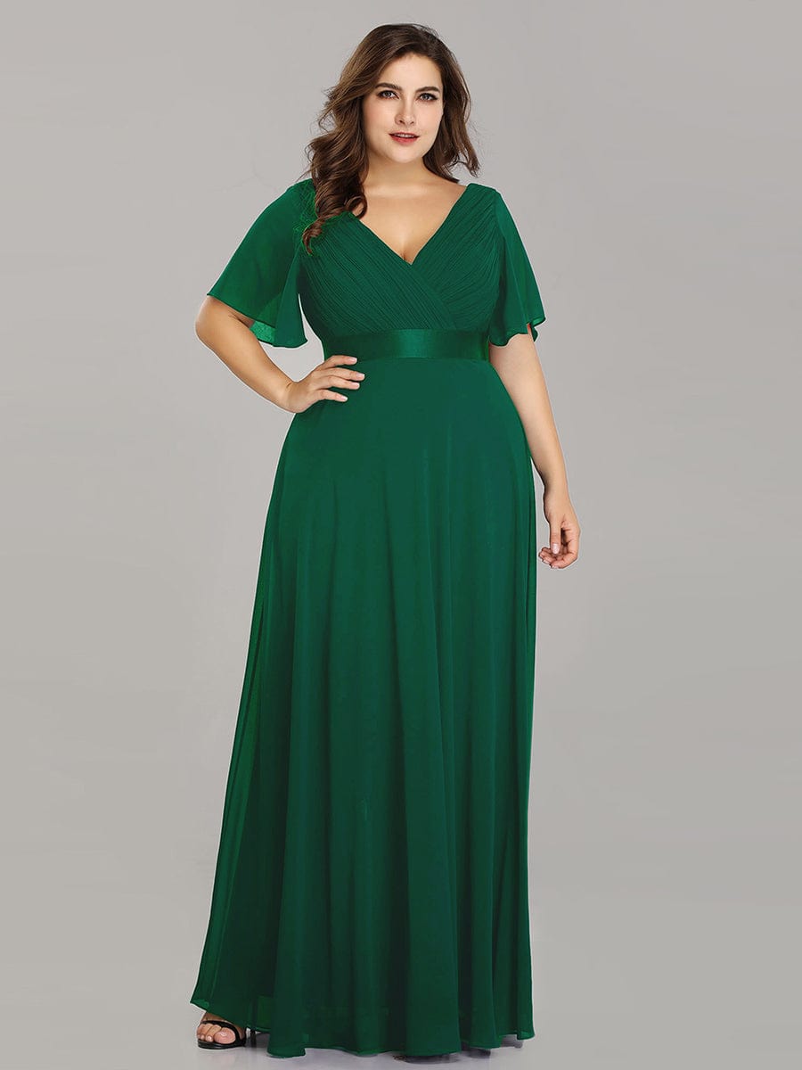 Plus Size Long Empire Waist Bridesmaid Dress with Short Flutter Sleeves #color_Dark Green