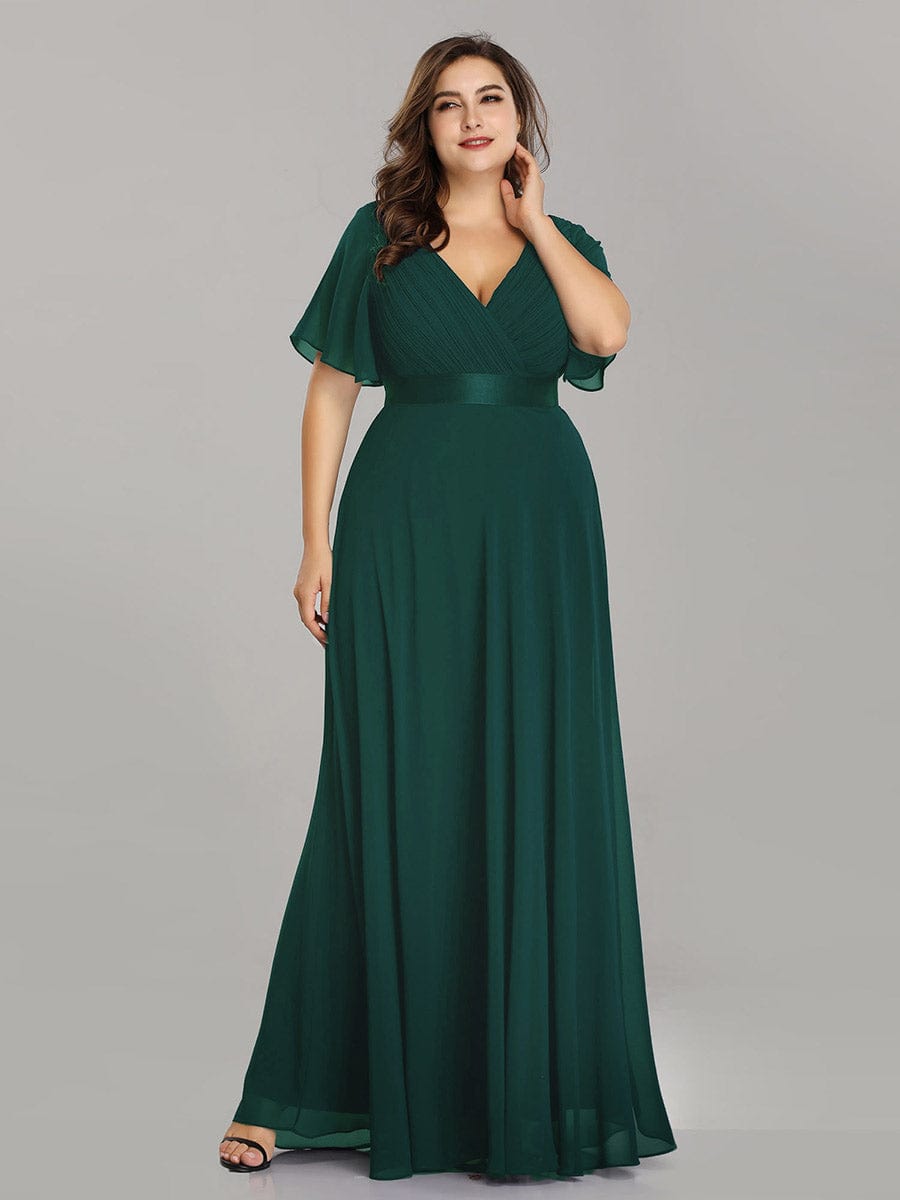 Plus Size Long Empire Waist Bridesmaid Dress with Short Flutter Sleeves #color_Dark Green