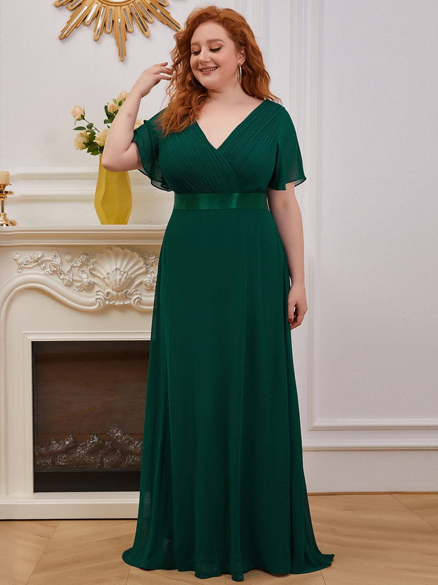 Long Empire Waist Bridesmaid Dress with Short Flutter Sleeves #color_Dark Green