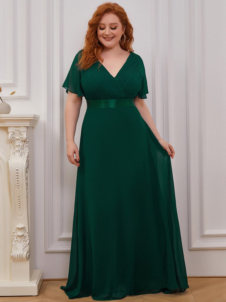 Plus Size Long Empire Waist Bridesmaid Dress with Short Flutter Sleeves #color_Dark Green