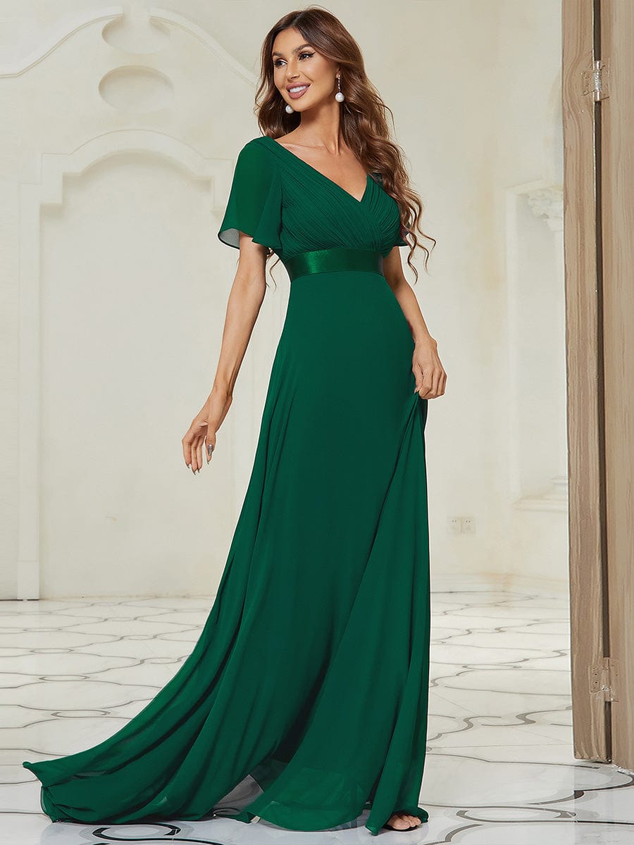 Custom Size V-neck Empire Waist Maxi Bridesmaid Dress with Short Sleeves #color_Dark Green