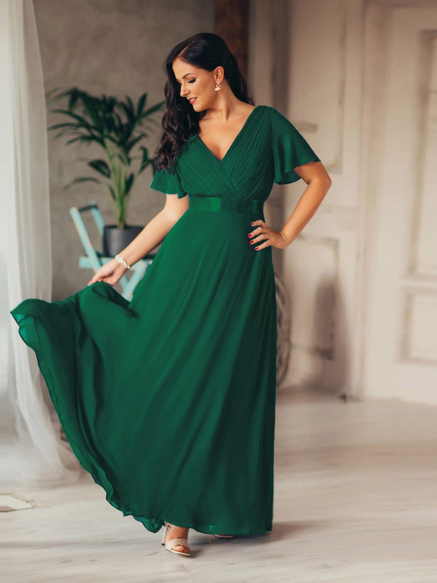 Custom Size V-neck Empire Waist Maxi Bridesmaid Dress with Short Sleeves #color_Dark Green