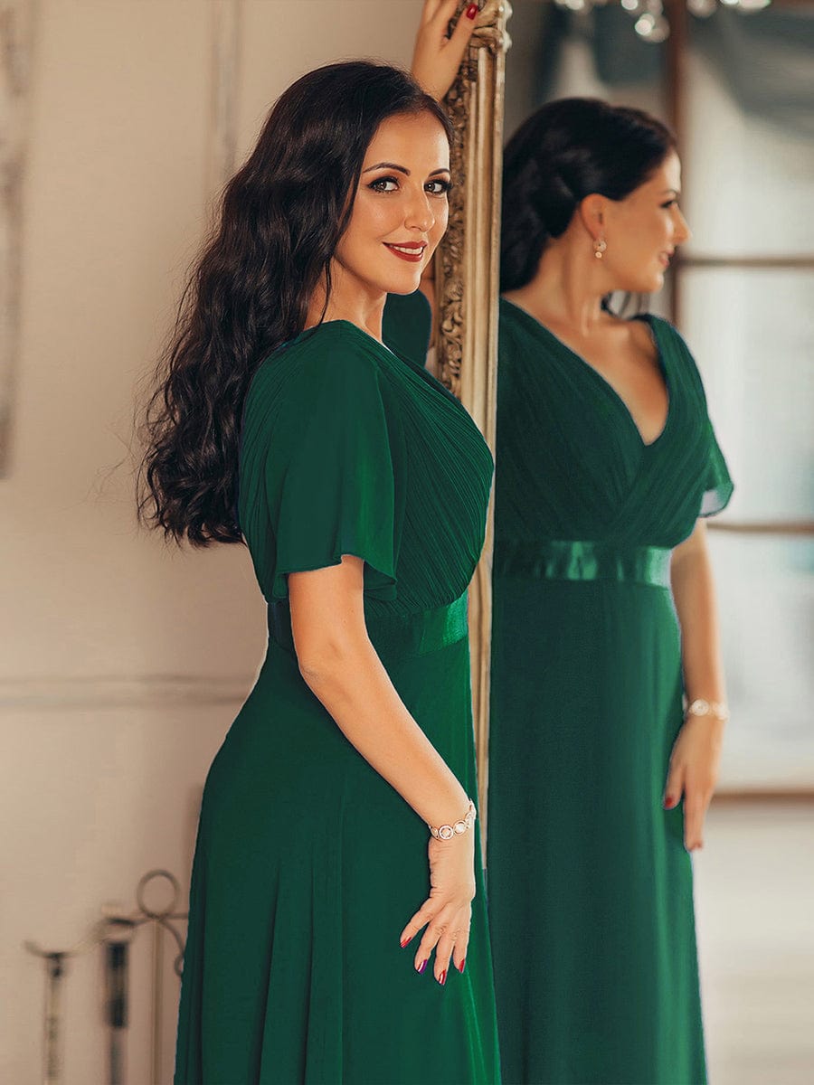 Long Empire Waist Bridesmaid Dress with Short Flutter Sleeves #color_Dark Green