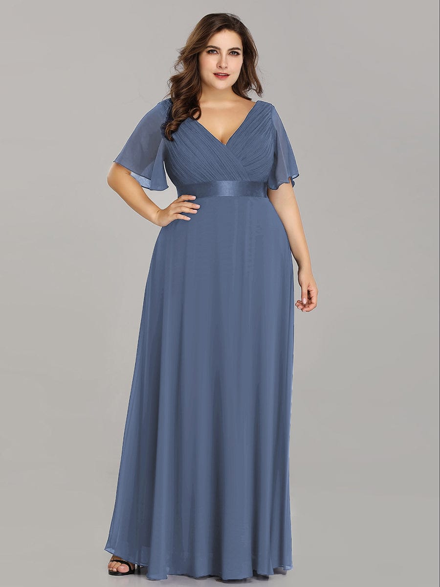 Long Empire Waist Bridesmaid Dress with Short Flutter Sleeves #color_Dusty Blue